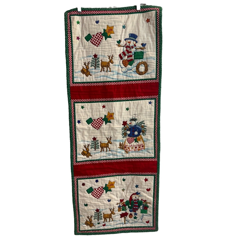 Handmade Quilted Christmas Snowman Wall Hanging Banner Winter Reindeer Fabric
